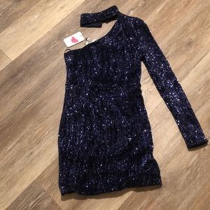 Navy sequin asymmetrical dress
